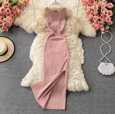 OCEANLOVE Korean Knitted Robe Femme Summer V Neck Sleeveless Kink Hollow Out Sexy Slim Bodycon Dress Split Fork Long Vestidos