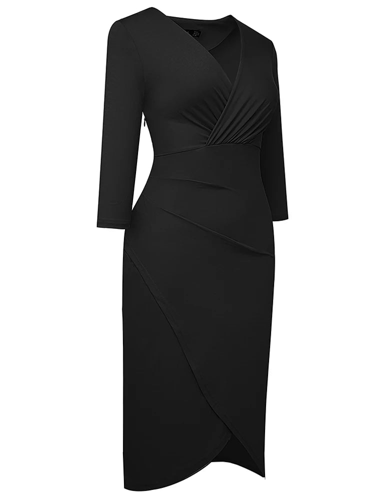 Nice-Forever Autumn Women Chic Low Cut Plain Wrap Dresses Formal Occasion Elegant Bodycon Dress B750