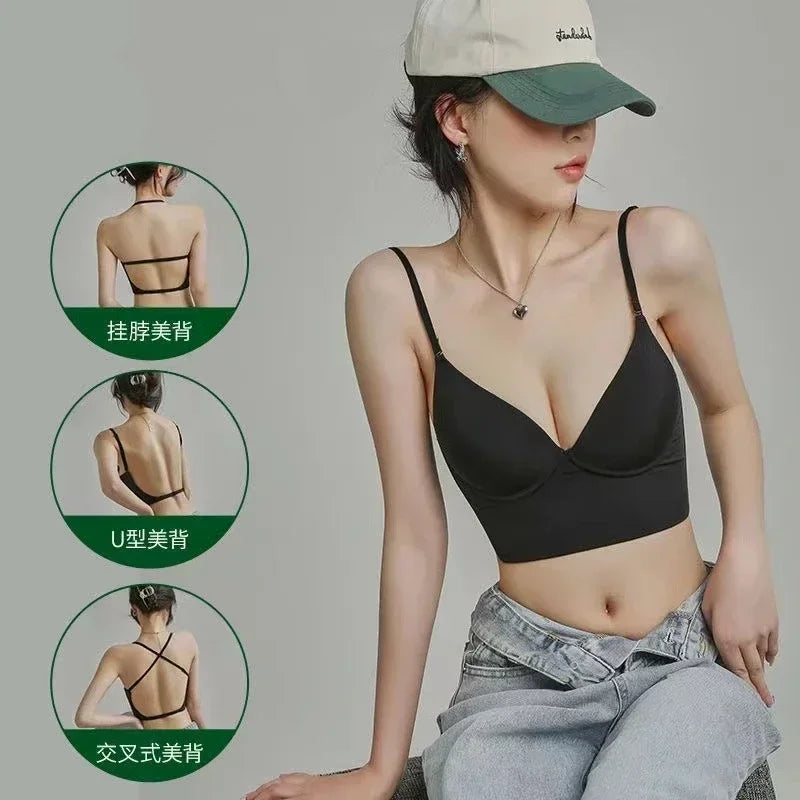 2024 Invisible Bra with Bare Open Back Sexy Women U Underwear Small Chest Pudh Up Gathered Lingerie Thin Vest Seamless Backless