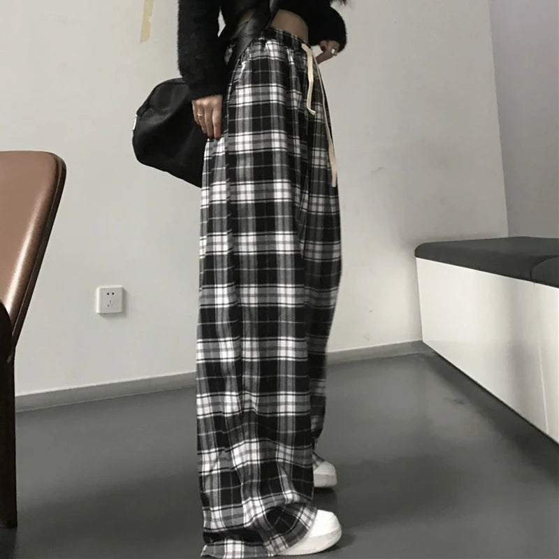 Harajuku Black White Plaid Pants Women 2024 Oversized Wide Leg Trousers Female Korean Style High Waist Checkered Pants Female