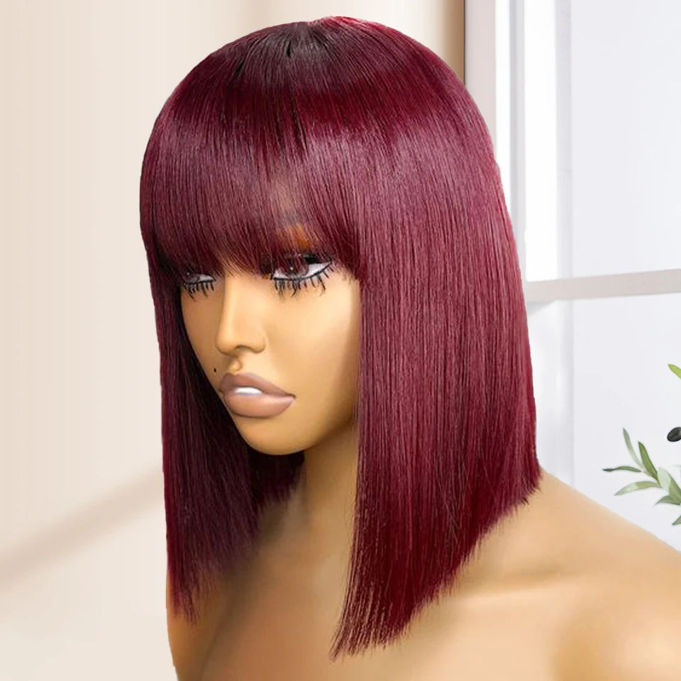 Nature Black Straight Bob Wigs With Bang Sleek Brazilian Short Hair Bob Wigs For Black Women Red 99J Glueless Machine Made Cheap