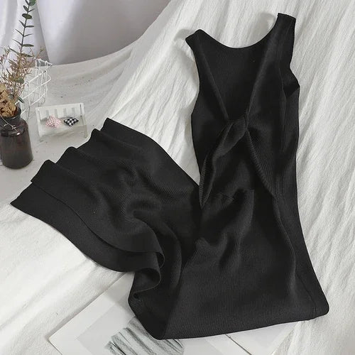 OCEANLOVE Korean Knitted Robe Femme Summer V Neck Sleeveless Kink Hollow Out Sexy Slim Bodycon Dress Split Fork Long Vestidos