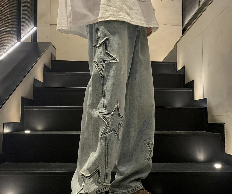 New Fashion Five-pointed Star Jeans Men High-waisted Vintage Streetwear Men Pants Baggy Winter Wide-leg Jeans Denim Men Clothing