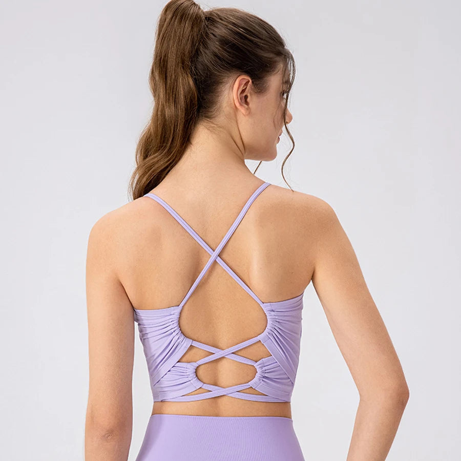 Women Cross Back Yoga Bra With Removable Pads Open Back Ballet Top Elastic Breathable Running Sports Fitness Gym Tank Top