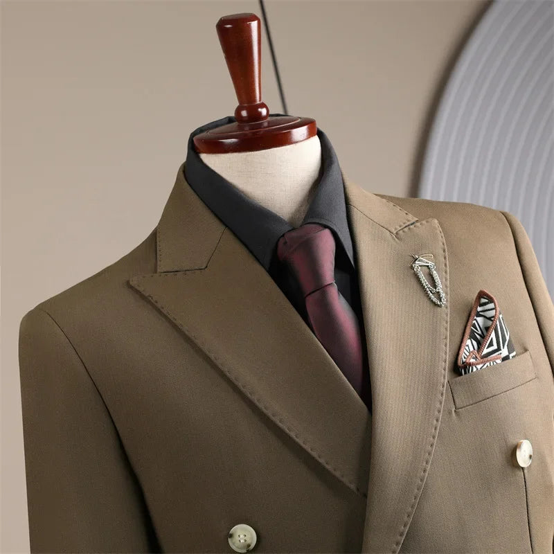 NT240   Double Coffee Color Suit Men Business Groom Wedding Dress Best Man Business Slim Blazer