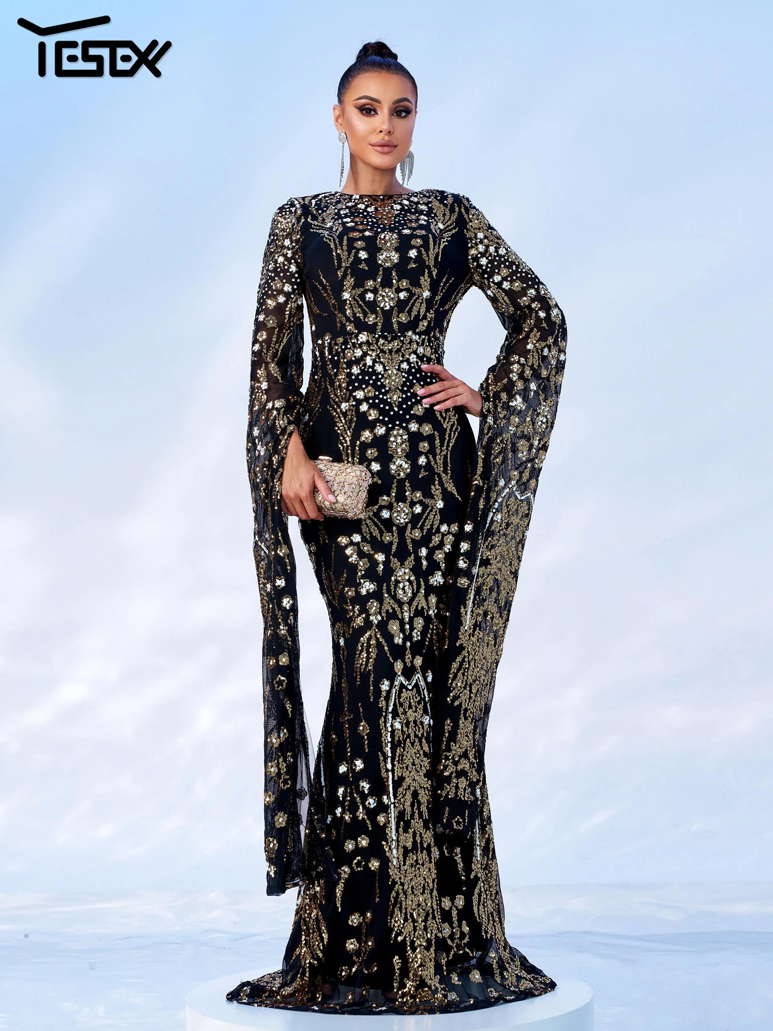 Yesexy New Church Round Neck Elegant Party Sequin Ethnic Style Mermaid Evening Gown Extend Sleeves Formal Occasion Dresses