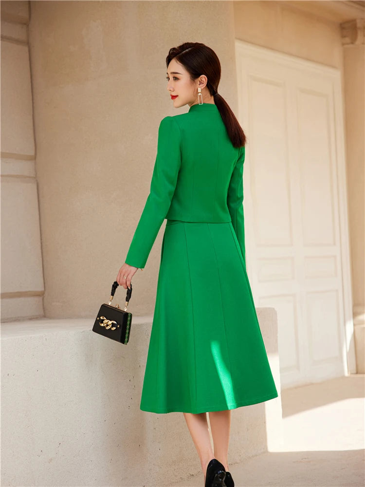 Long Sleeve Career Office Blazer Set for Women Crop Top Swing Skirt Suits 2 Pieces Matching Outfits Short Sets Spring Fashion