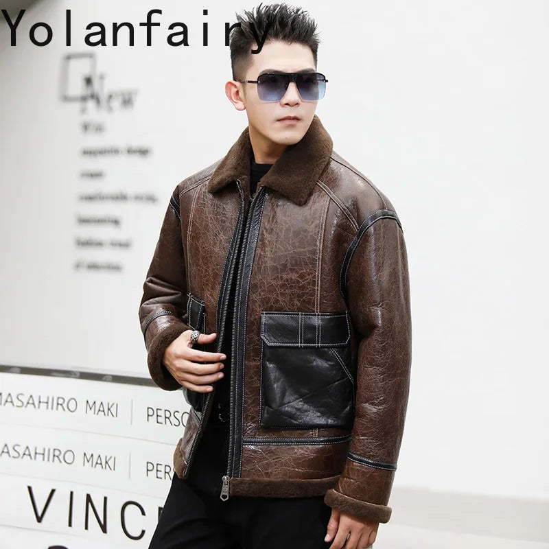 YOLANFAIRY Genuine Sheepskin Jacket Mens Real Fur Coat Winter Clothes Cropped Leather Jacket Men Wool Jacket Men Бомбер 2024