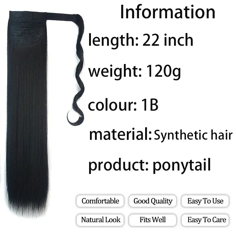 Long Straight Clip in Ponytail Extensions for Women Natural Synthetic Wrap Around Ponytail False Hair Black Straight Horse Tail