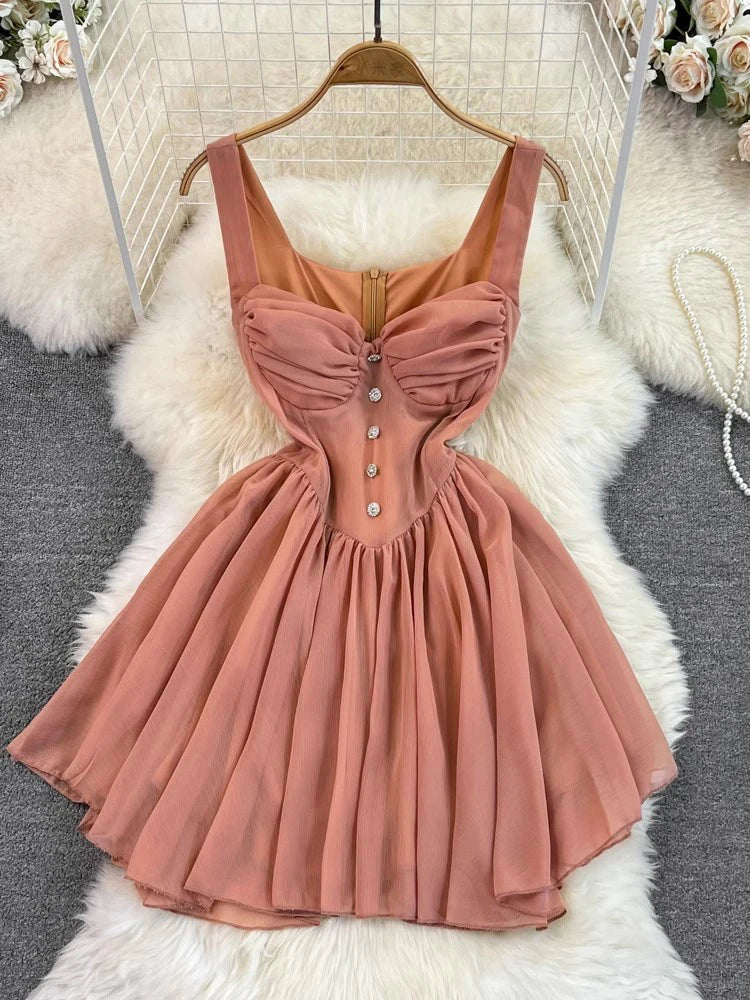 women elegant party A-line dress with suspender straps sleeveless high waist slimming and fluffy dress formal occasion dresses