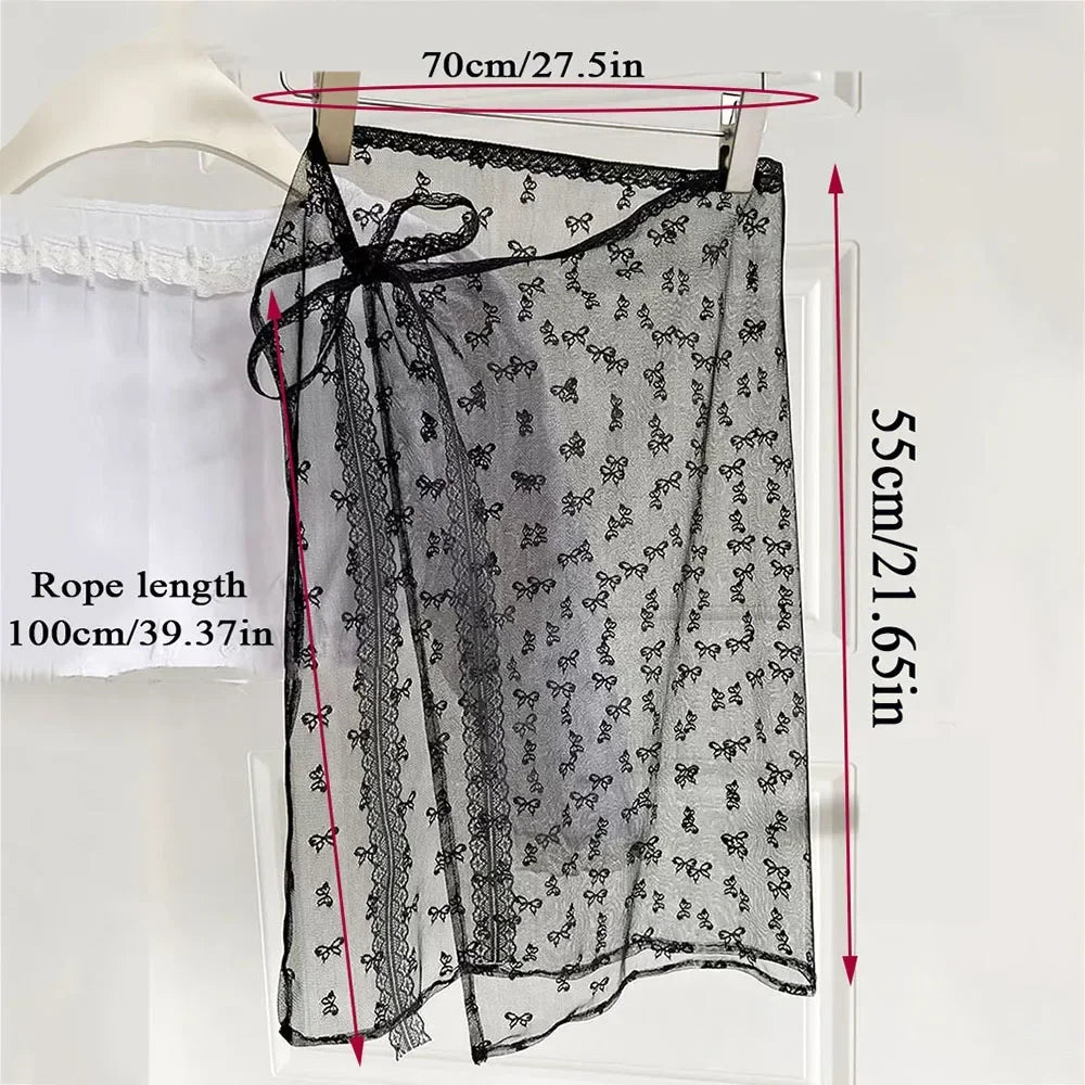 Lace Layered Gauze Skirt with Tie Up Women Vintage Bowknot Print See-Through Lace Strap One Piece Bandage Tulle Dress Curtain