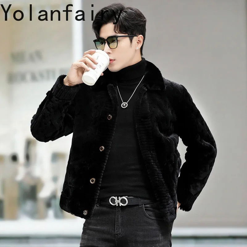 YOLANFAIRY Genuine Sheepskin Mens Real Fur Coat Winter Clothes Shearling Jackets for Men Cropped Leather Jacket муж куртка 2024