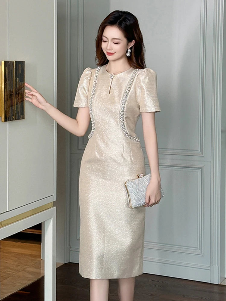 Summer Fashion Commute Formal Occasion Evening Dress Women Clothes Elegant Lady Retro Pearl Puff Sleeve Slim Midi Pencil Vestido