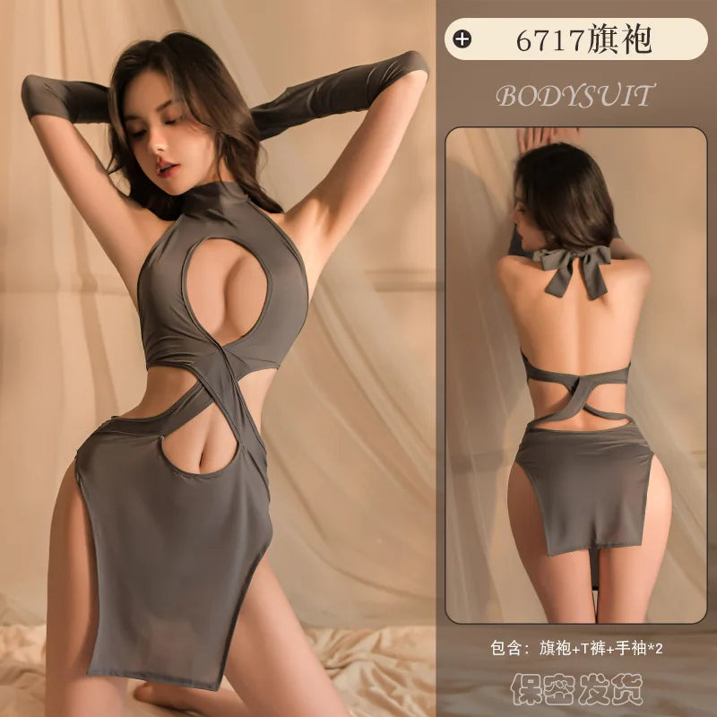 Fashion Lingerie Sexy Mature Charm Gentle Hollow Out Hot Cheongsam Role Playing Uniform Straps Passionate Temptation Dress XMWA