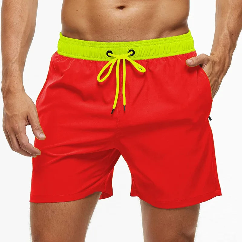 Summer  Men's Swim Trunks  Beach Shorts Elastic Closure Quick Dry Short Pants With Zipper Pockets