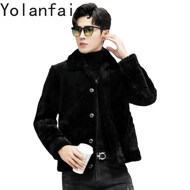 YOLANFAIRY Genuine Sheepskin Mens Real Fur Coat Winter Clothes Shearling Jackets for Men Cropped Leather Jacket муж куртка 2024