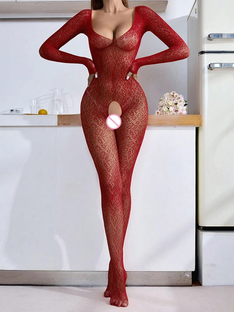 Sexy Long Sleeved Jumpsuit, Mesh Mesh Closed Crotch Perspective Women Rompers Clothing Body Suits Lace Jumpsuit 5SMH