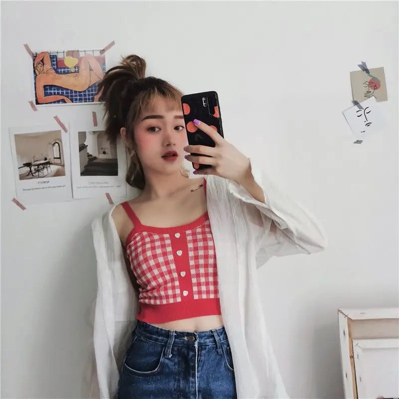 Plaid Button Tank Tops Spaghetti Strap Women Summer Fashion 2023 Y2K Cute Korean Knitted Tight Sleeveless Vest Crop Top Female