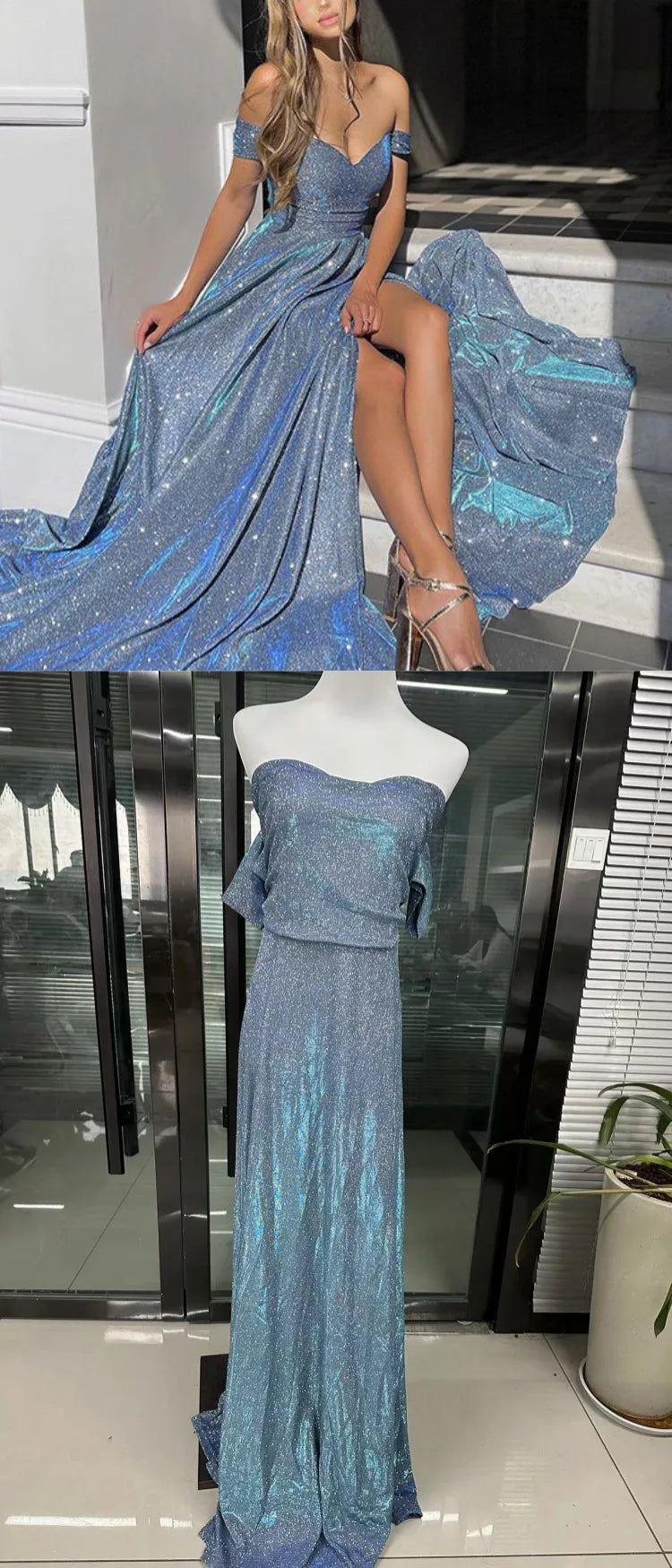 Sexy Backless High Waist Slit Party Dress Fashion Blue Sequined Long Formal Occasion Evening Dress Elegant Dresses for Women