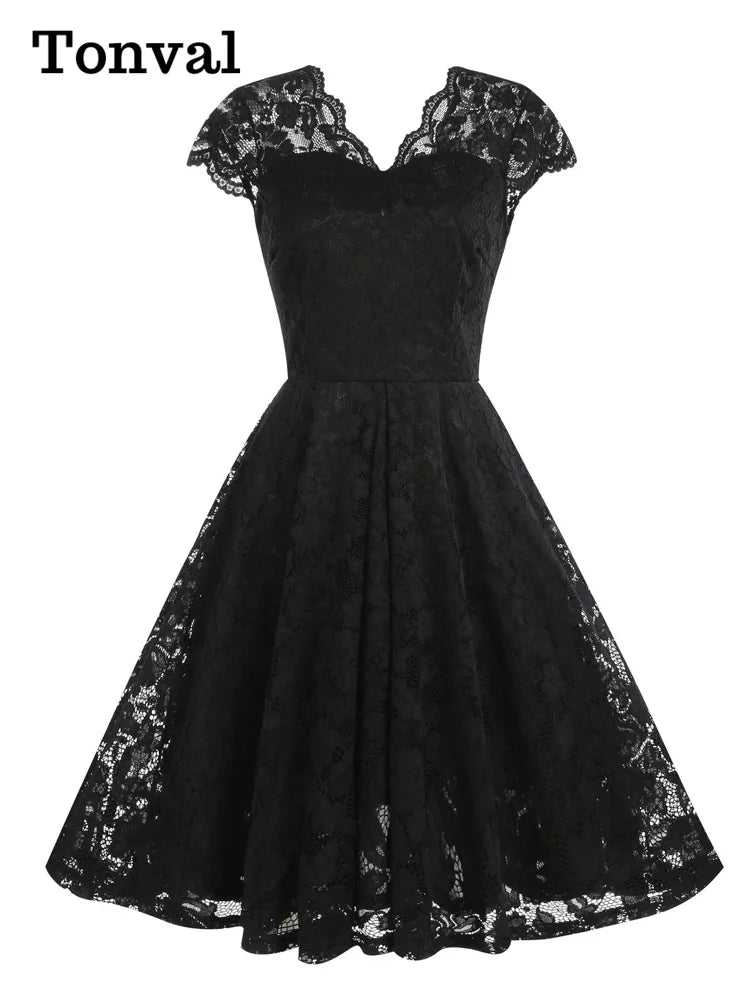 Tonval V-Neck Cap Sleeve Black Lace Elegant Dresses Women Vintage Style Clothes Formal Occasion Pleated Swing Dress