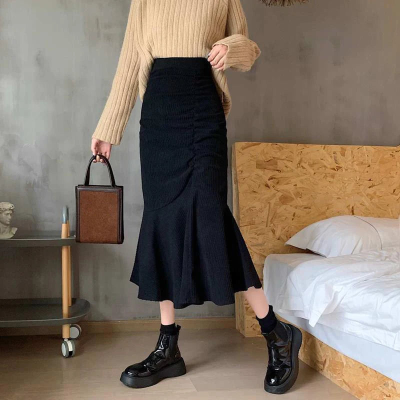 Lucyever Fashion High Waist Midi Skirts for Women 2023 Spring Slim Fit  Hip Mermaid Skirt Woman Korean Ruffles Brown Skirts 2XL