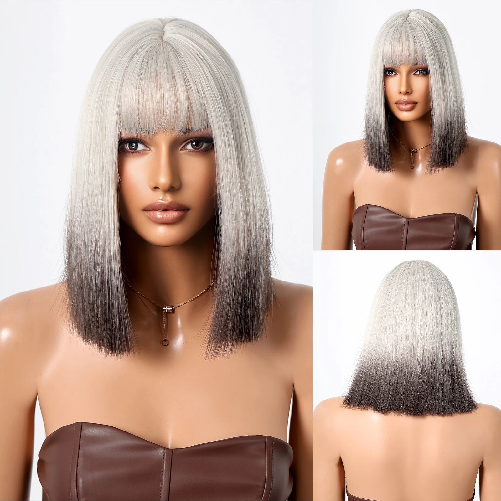 EASIHAIR Fashion Brown Blonde Highlight Synthetic Wigs Straight Hair with Bangs for Women Cosplay Daily Heat Resistant  Bob wig