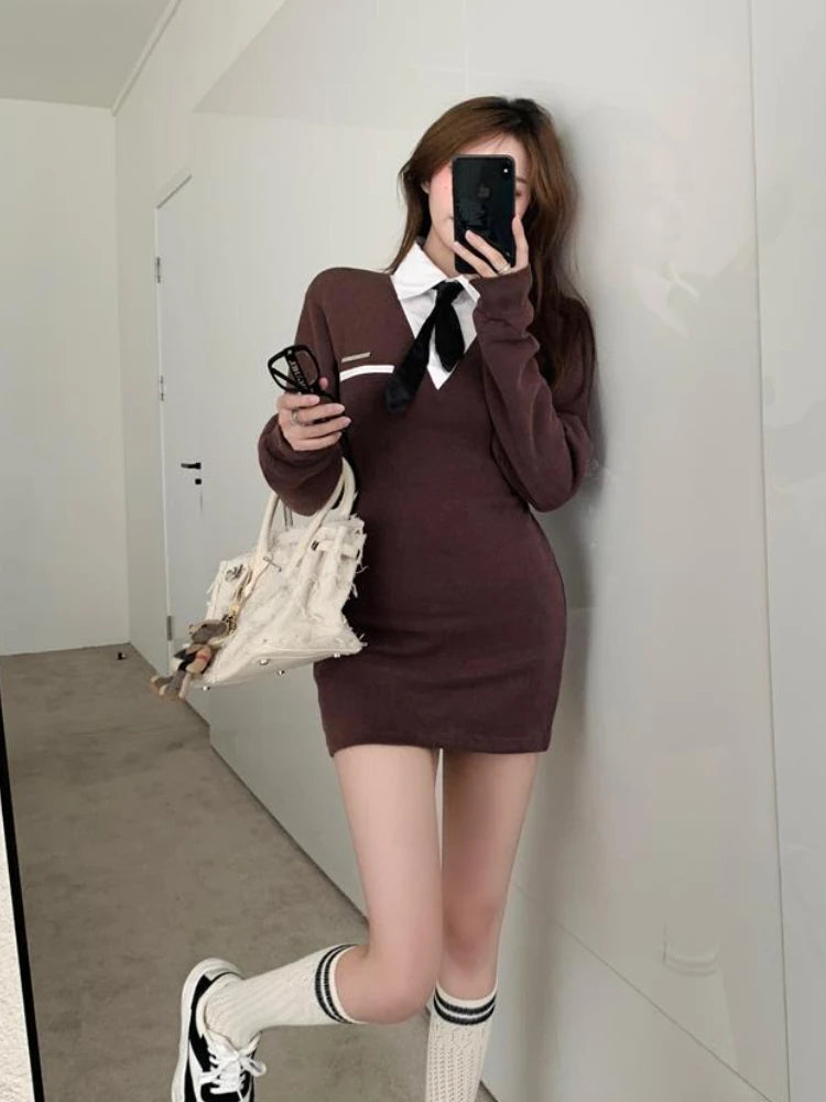 Elegant Patchwork Knitted Mini Dress Women Winter Sexy Chic Long Sleeve Dress Vintage Casual Office Lady Occasion Formal Dress