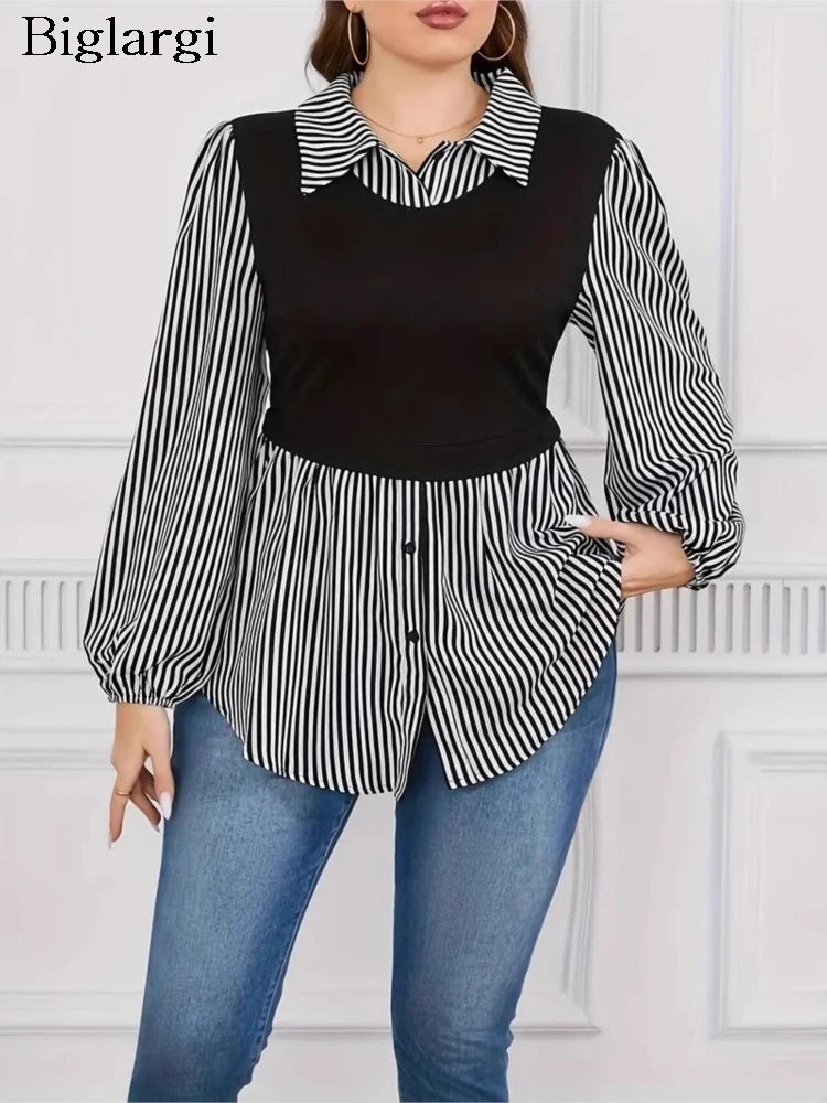 Plus Size Autumn Striped Print Patchwork Pullover Tops Women Casual Fashion Ladies Blouses Loose Long Sleeve Woman Tops