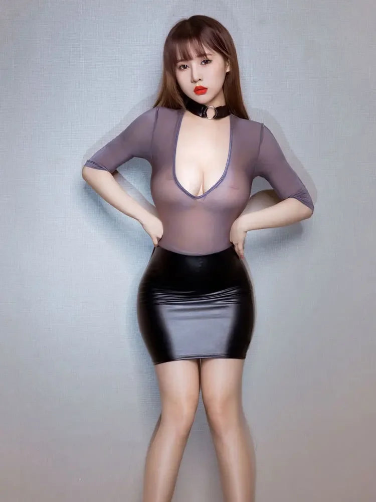 High Elasticity Oil Shiny Cloth Splicing PU Ultra Short Dresses Tight Fitting Nightclub See Through Sexy Wrap Hip Pencil Dress