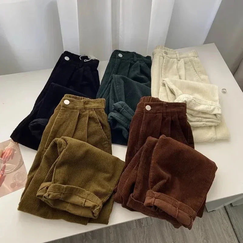 Retro High Waist Corduroy Pants Women Spring Fall Straight Causal Full Length Trousers Korean Fashion Baggy All Match Black Pant