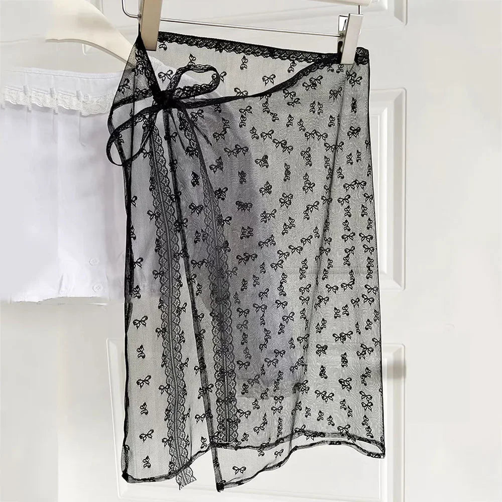 Lace Layered Gauze Skirt with Tie Up Women Vintage Bowknot Print See-Through Lace Strap One Piece Bandage Tulle Dress Curtain