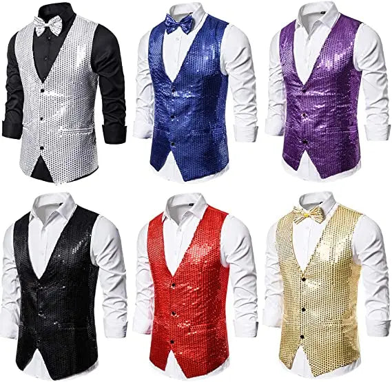 Male Sequin Blazer Button Waistcoat Vest with Bow Tie Fashion Men's Business Evening Wedding Party Glitter Sleeveless Slim Vest