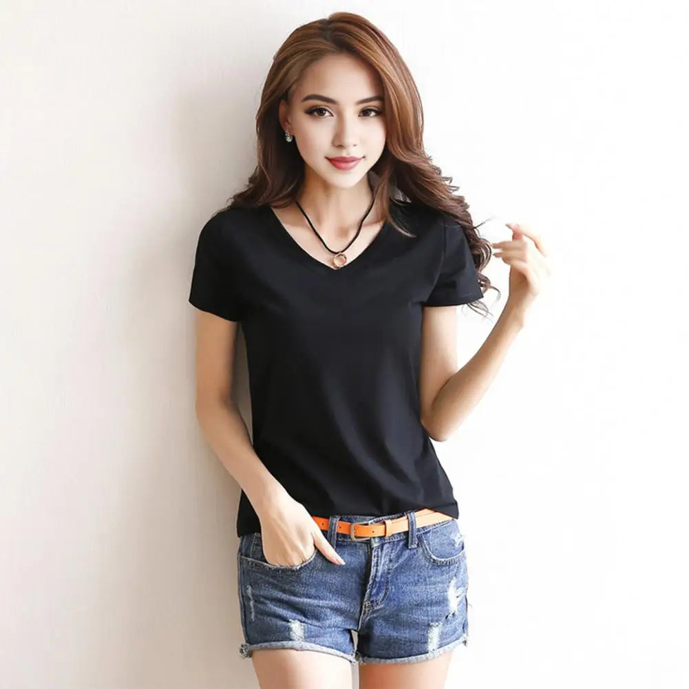 Women T shirt Stylish Women's V neck Summer T shirt Slim Fit Solid Color Pullover Tops for Streetwear Regular Fit