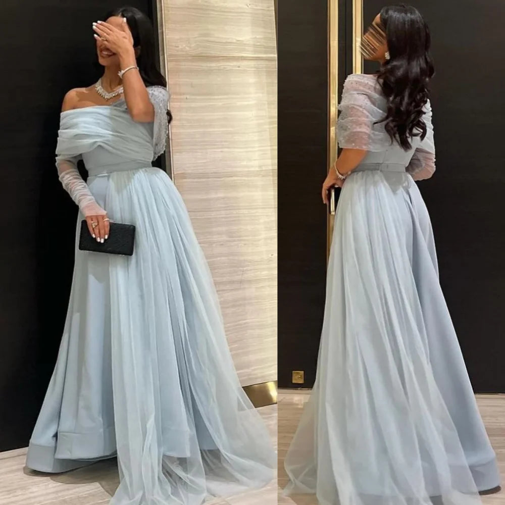 Customized Jersey Pleat Evening A-line Off-the-shoulder Bespoke Occasion Gown Long Dresses