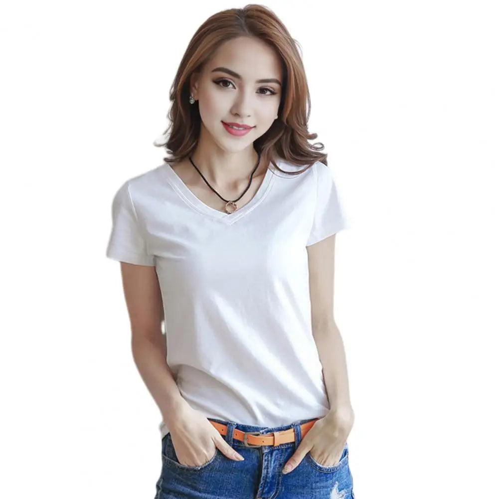 Women T shirt Stylish Women's V neck Summer T shirt Slim Fit Solid Color Pullover Tops for Streetwear Regular Fit