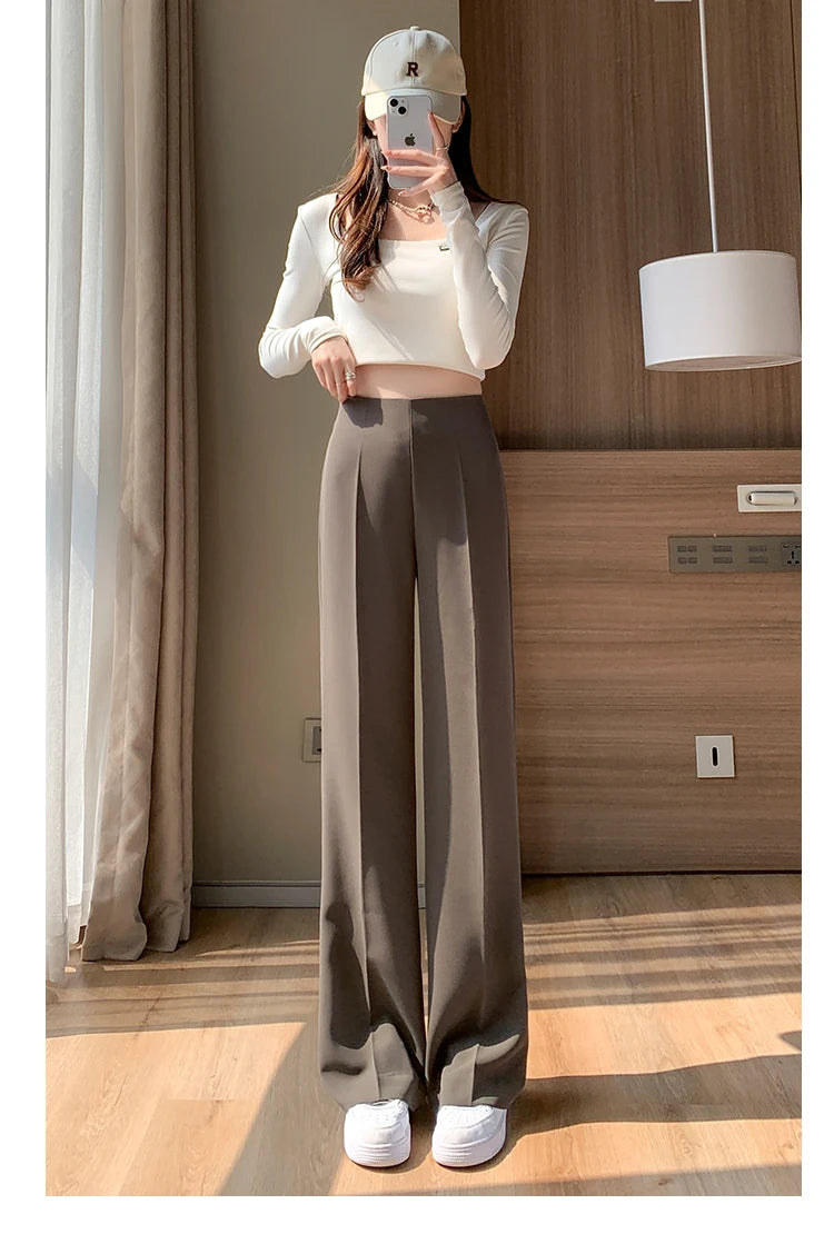 Jielur White Pleated Slim Fashion Full Length Women Wide Leg Pants Autumn Simple Casual High Waist 3-colors Female Suit Pants