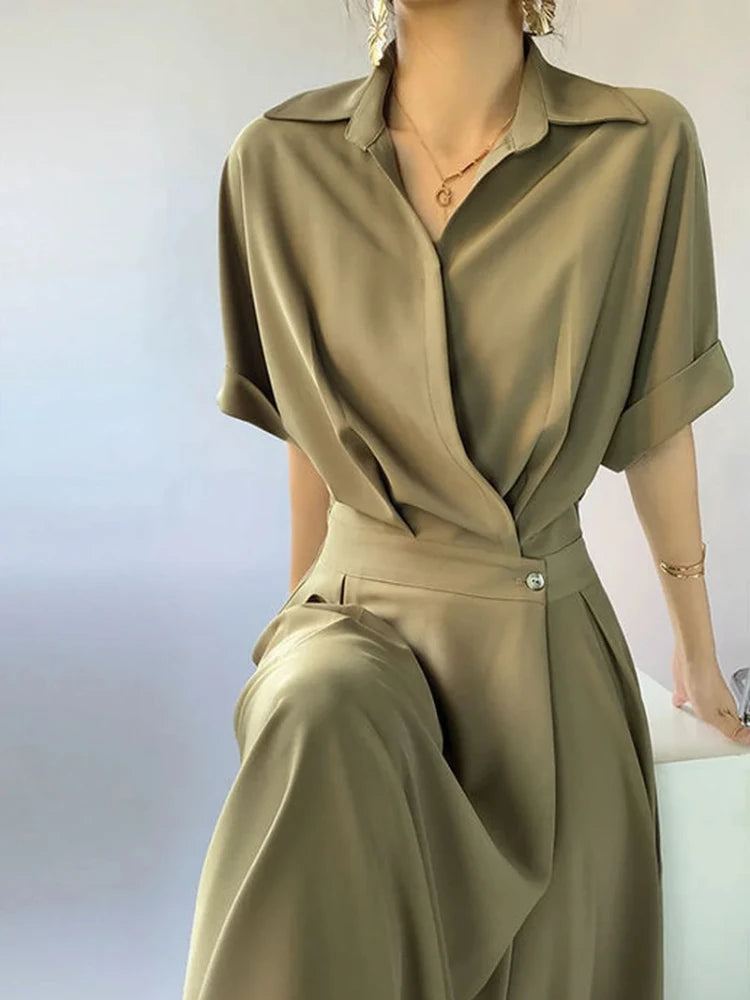 Black Silk Shirt Dresses for Women 2024 Tshirts Satin Chiffon Midi Clothes Green Woman Dress Formal Occasion Korean Style Luxury