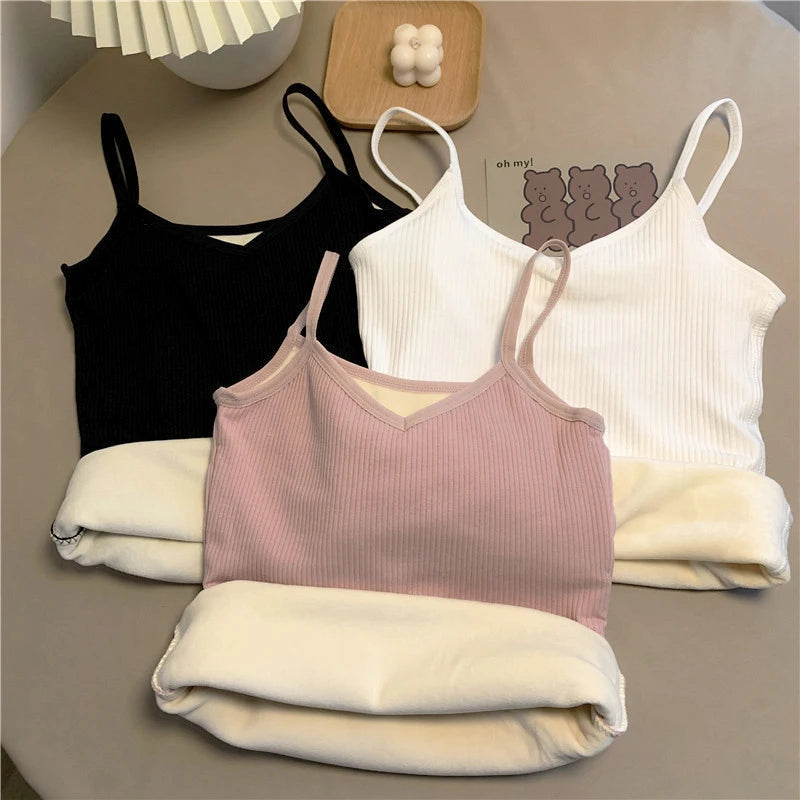 Women Winter Warm Tank Top Solid Color Thermal Casual Nightwear Seamless Knitted Thin Velvet T-shirt Sleeveless Corset Yoga Vest