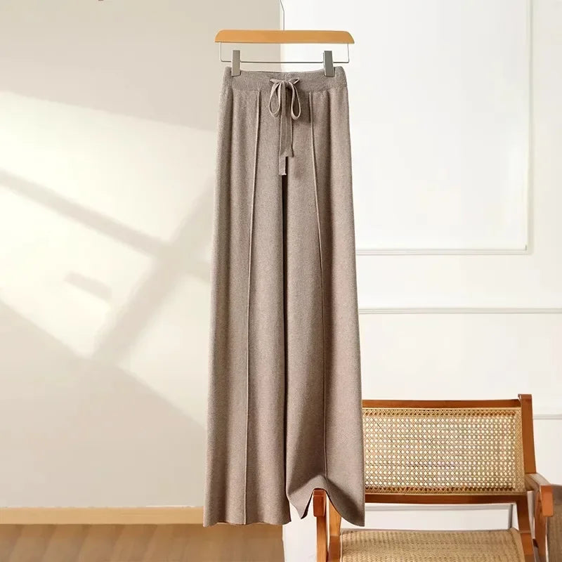 2024 Soft Waxy White Knit Wide-leg Pants Women's Autumn and Winter Thick Wool Drop Casual Straight Floor-length Pants