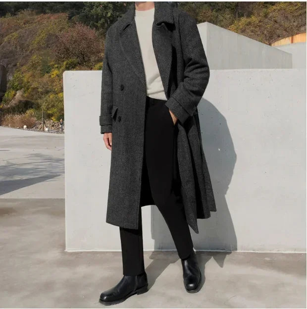 Men's new winter woolen coat Korean version of the trend herringbone pattern in the long thick lapel woolen coat coat size 2XL