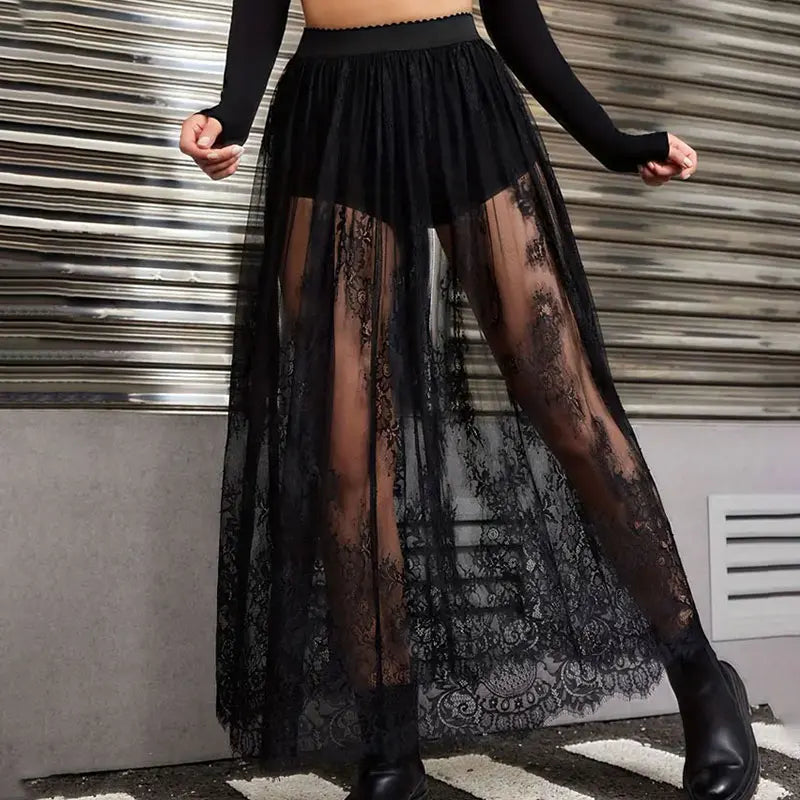 Elegant Party Evening Sexy Dress Lace Dresses for Women 2024 See Through Maxi Dress Bodycon Gothic Lolita Fashion Black Skirt