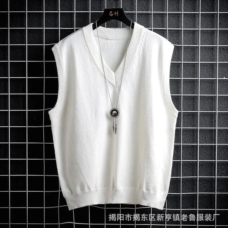 Autumn and Winter Sweater Vest, White Loose Solid Color Thin Waistcoat Casual Waistcoat