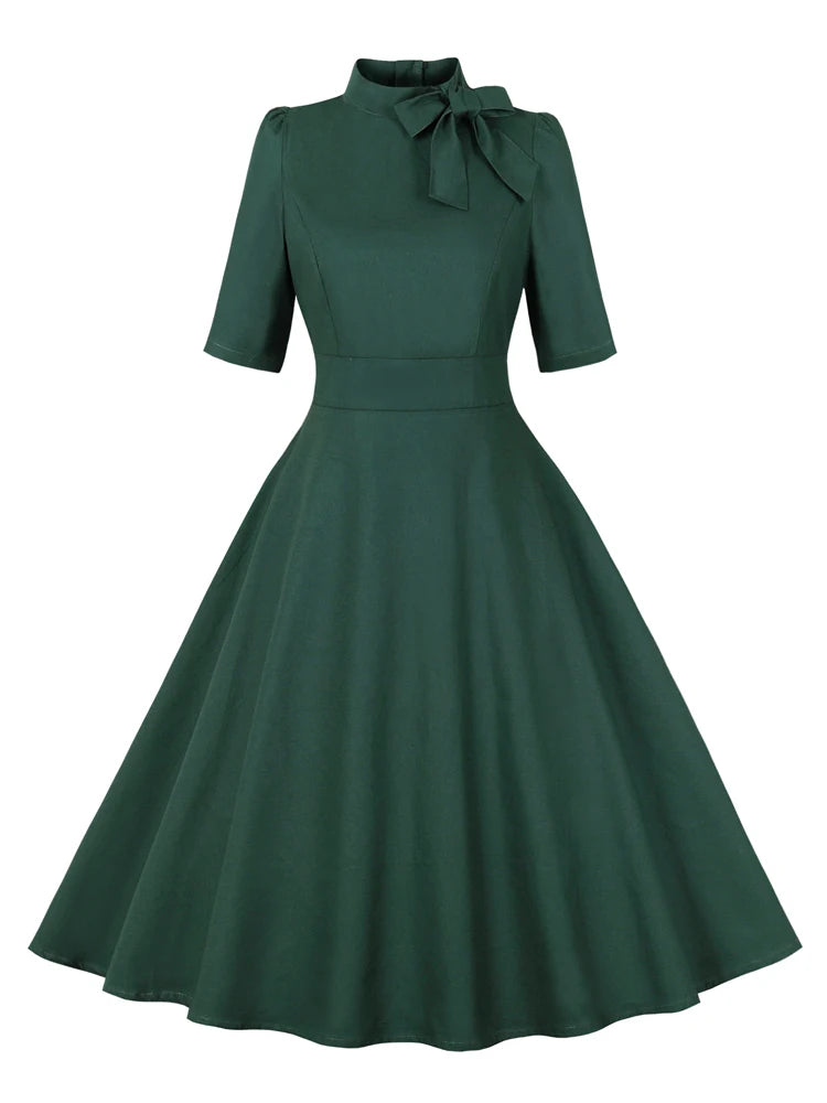 Tonval Stand Collar Bow Tie Half Sleeve Green Summer Dresses Evening Elegant Women Formal Occasion A-Line Vintage Long Dress