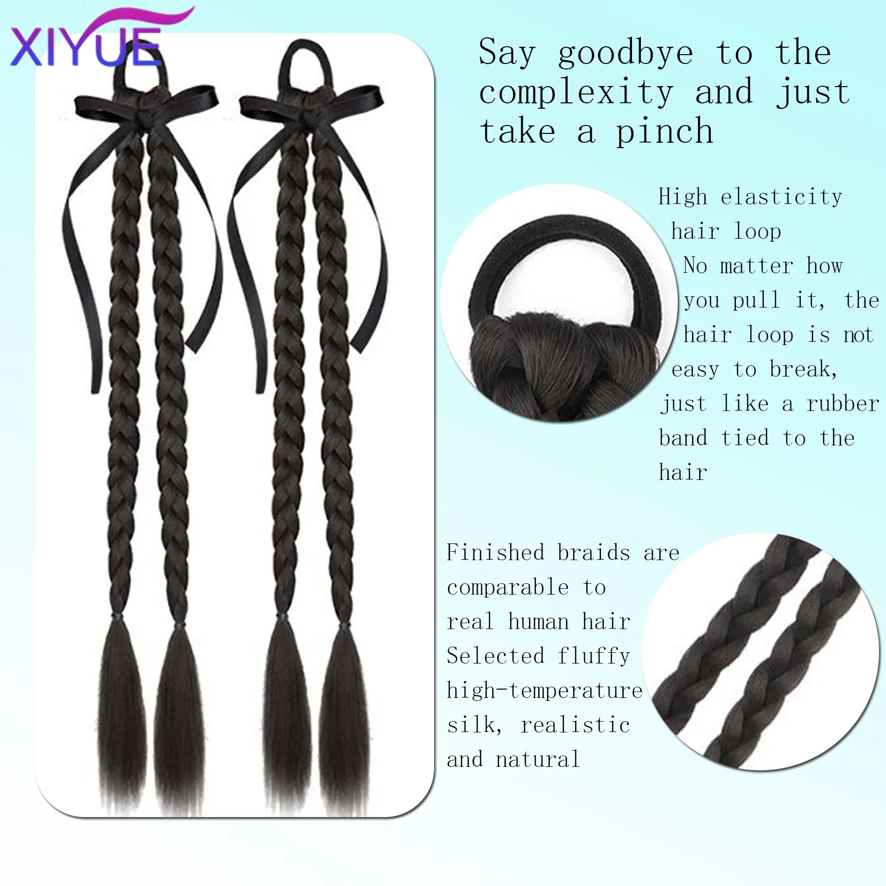 XIYUE  Synthetic Braided Twist Braids ponytail Hair Extension Black Natural Wig Long Ponytail Hair Band Rubber Band Women's Wig