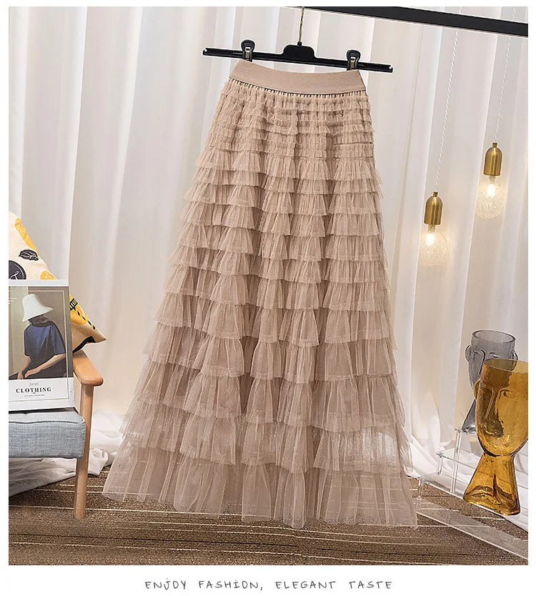 LANMREM Fashion Mesh Skirt Women High Waist A-line Gauze Spliced Solid Color Loose Skirts Versatile 2024 Spring New 2AA4000