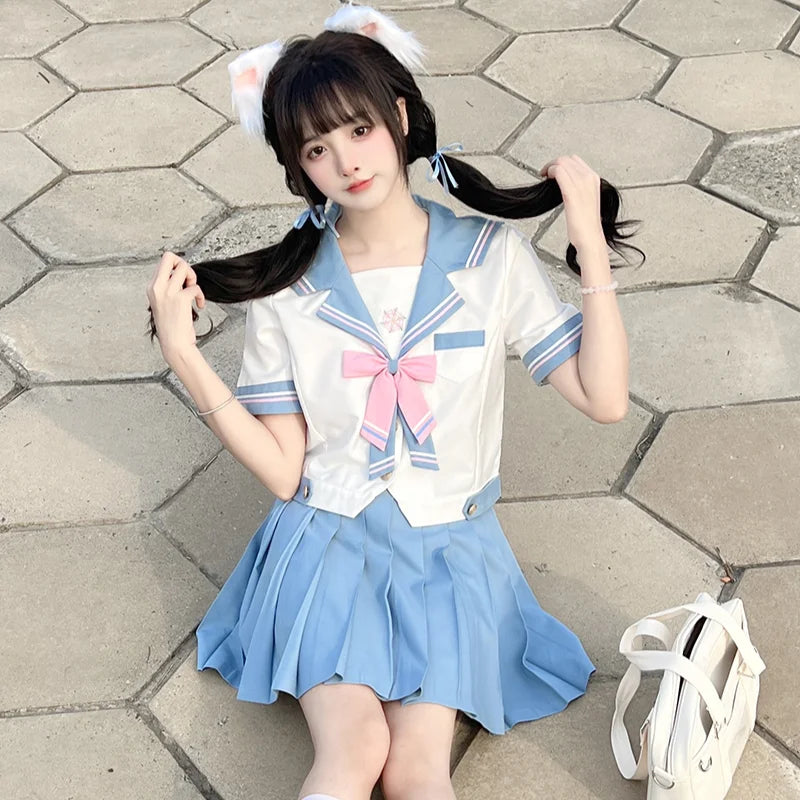 Japanese Style JK Uniform Sailor Collar Cute Sweet Blue and White Color Matching Long Short Sleeves Top Pleated Skirt Suit Girls