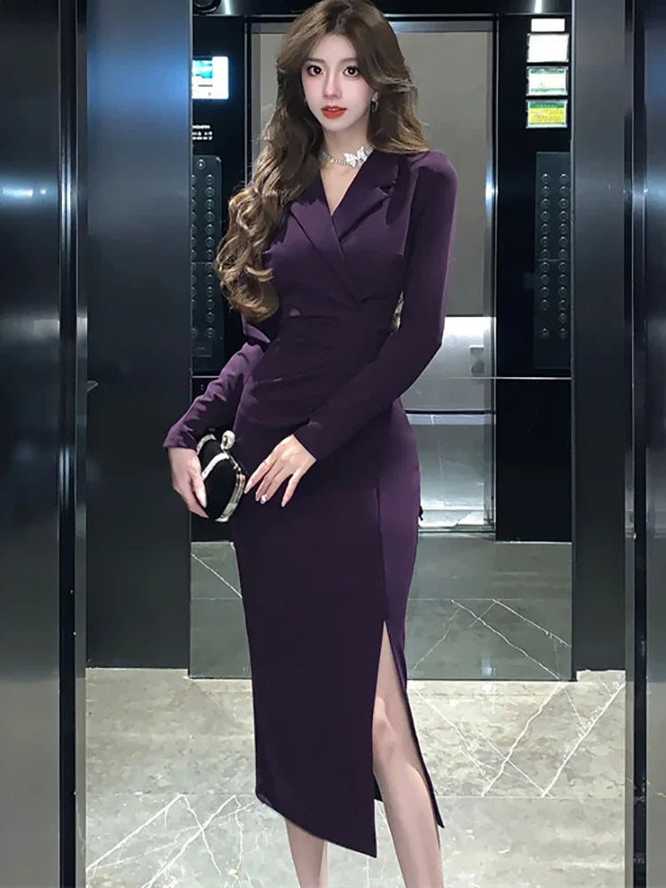 Purpled Elegant Pleated Bodycon Suit Dress for Women 2024 Korean Fashion Formal Dress Autumn Winter Chic Bespoke Occasion Dress