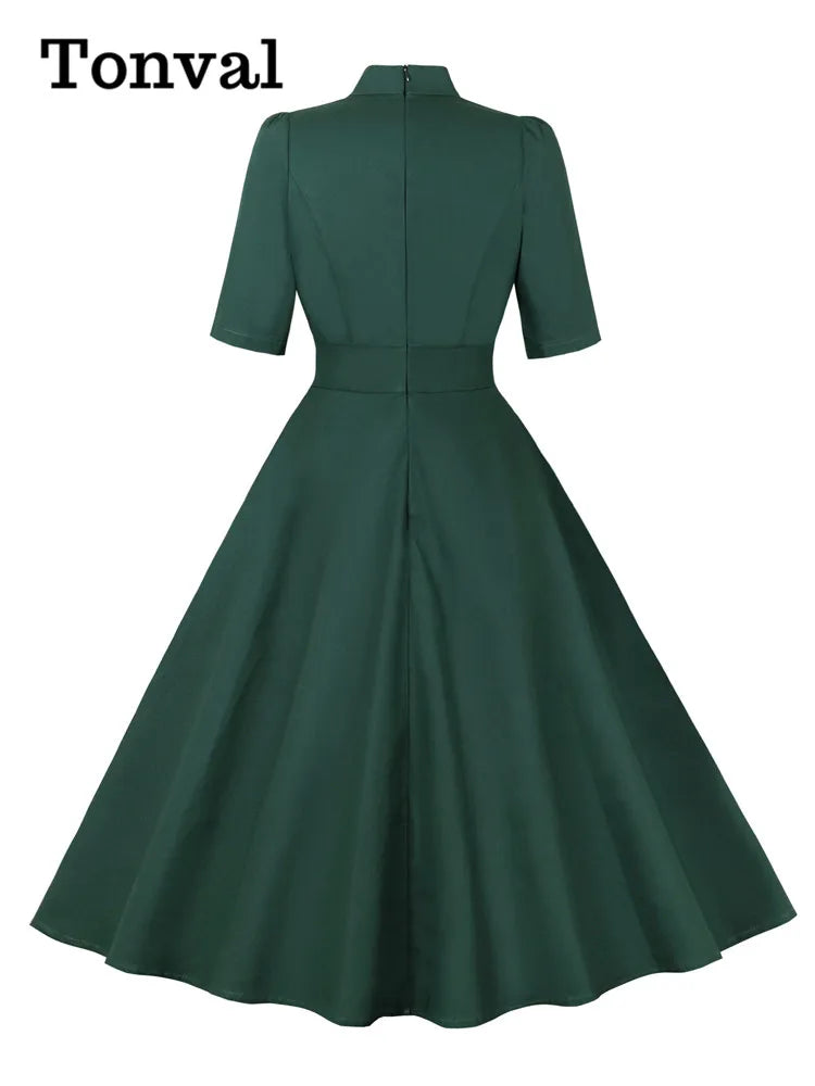 Tonval Stand Collar Bow Tie Half Sleeve Green Summer Dresses Evening Elegant Women Formal Occasion A-Line Vintage Long Dress