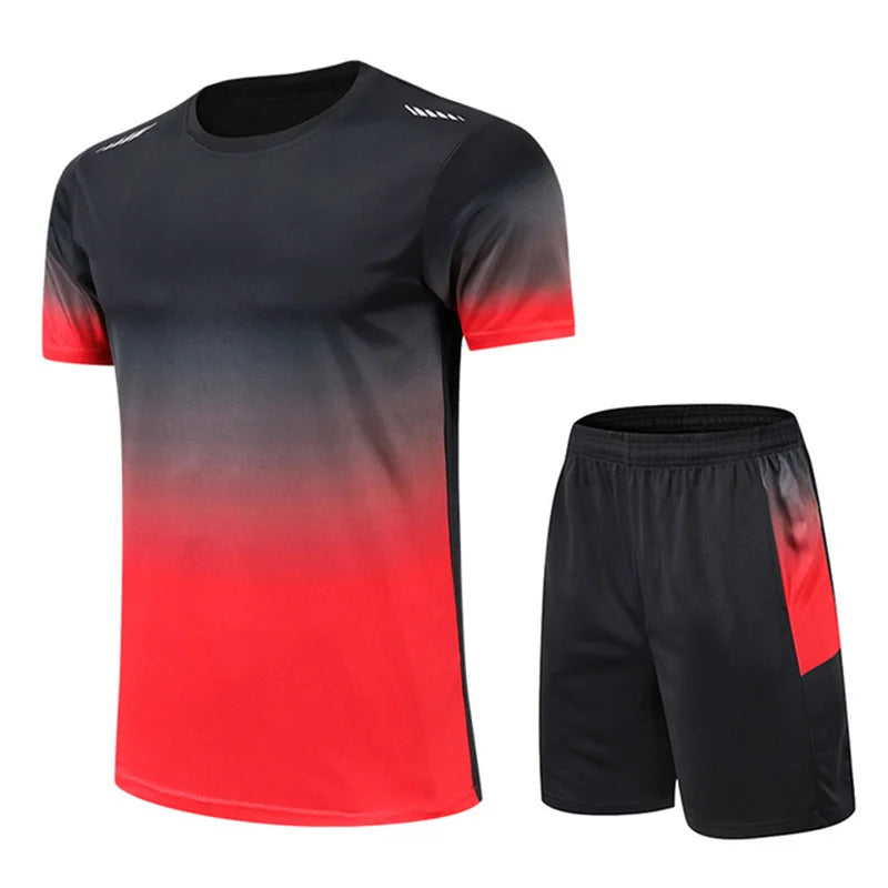 New Summer Sportswear Men Gradient Printed Badminton Set Outdoor Running T-shirt and Shorts Comfortable and Breathable Clothing