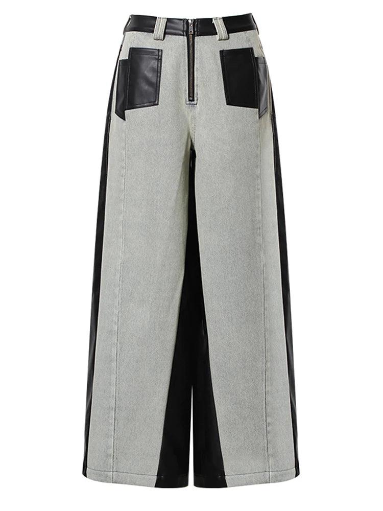 [EAM] High Waist Black Color-block Leather Denim Long Wide Leg Jeans New Loose Women Trousers Fashion Spring Autumn 2024 1DH3903